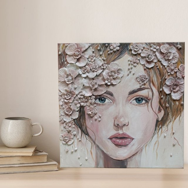 "Kobieta w kwiatach" - Obraz strukturalny - 40 × 40 cm