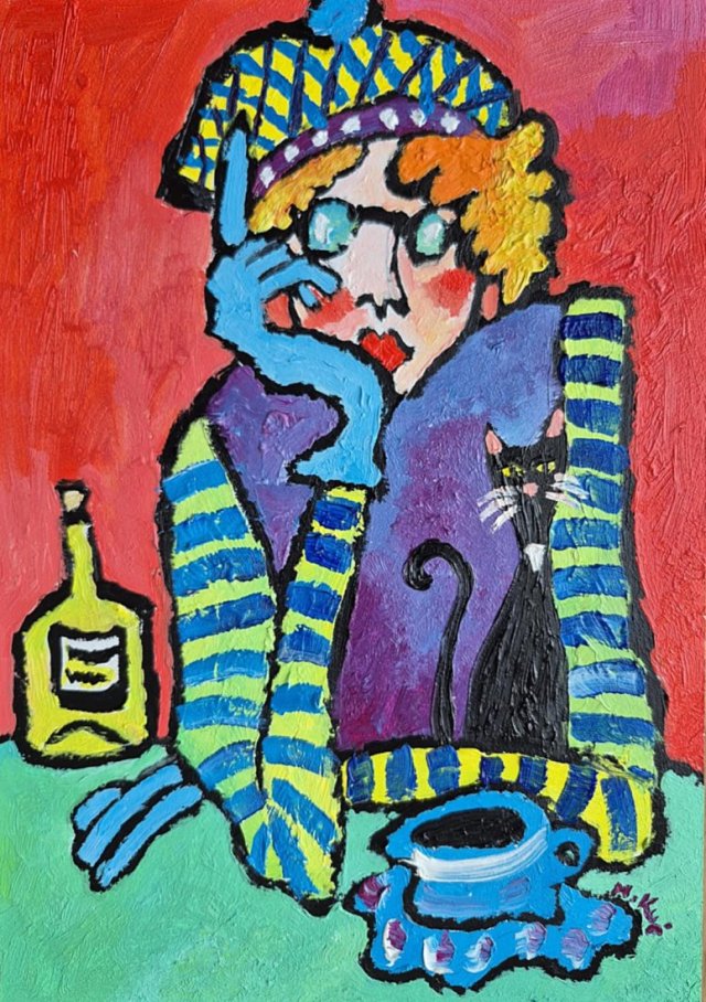 obraz do salonu olejny portret babcia z kotem rozmowa bez słów