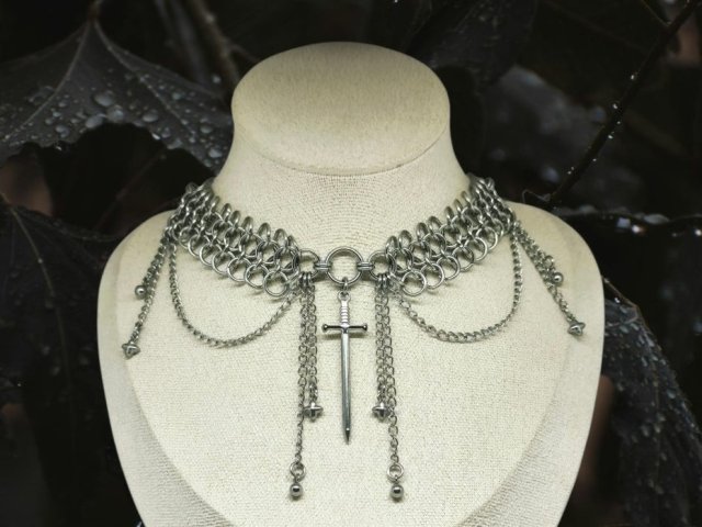 Naszyjnik chainmaille miecz stal 30,2+9cm gothic punk choker