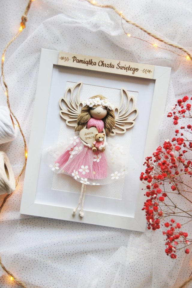 Pamiątka Chrztu Świętego dla dziewczynki - róż Anioł Stróż