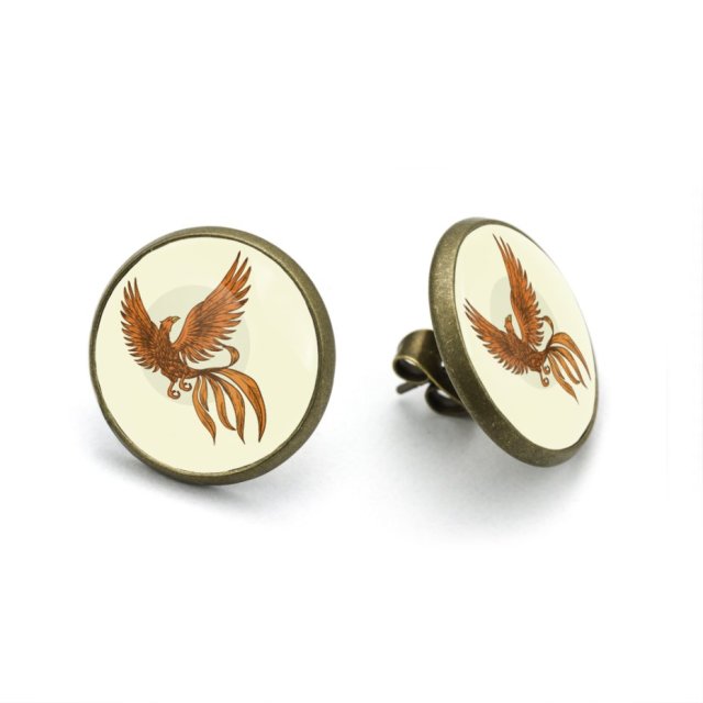 Kolczyki sztyfty Feniks – ognisty ptak symbol odrodzenia, ręcznie robione