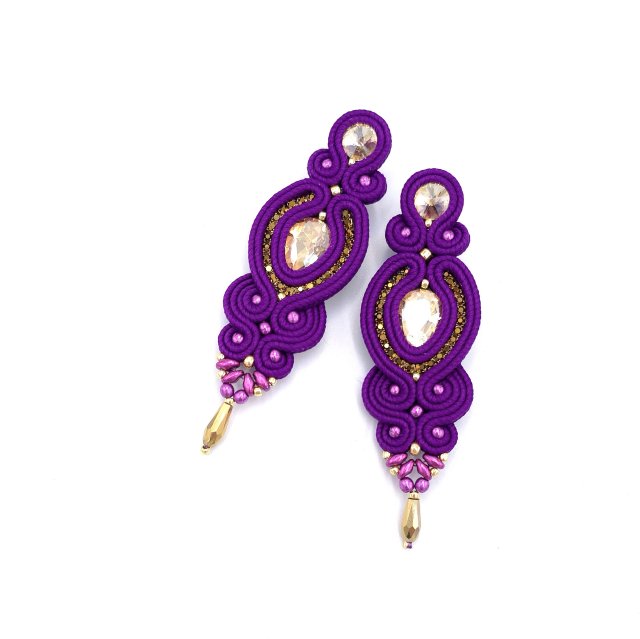 Kolczyki sutasz fioletowe ze złotem "Ismara" wieczorowe z kryształkami