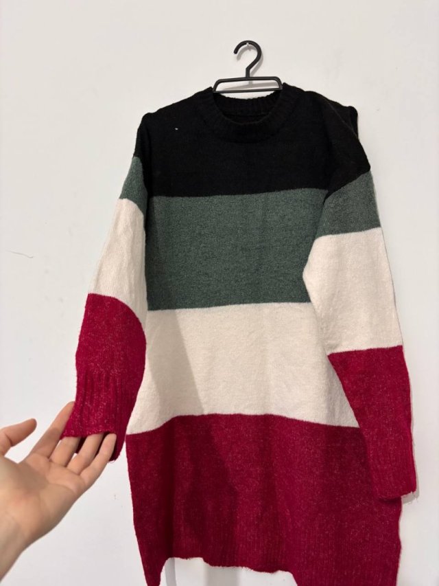 Sweter długi tunika w szerokie paski bordo-czarno-zielono-biały, oversize Esmara L / XL