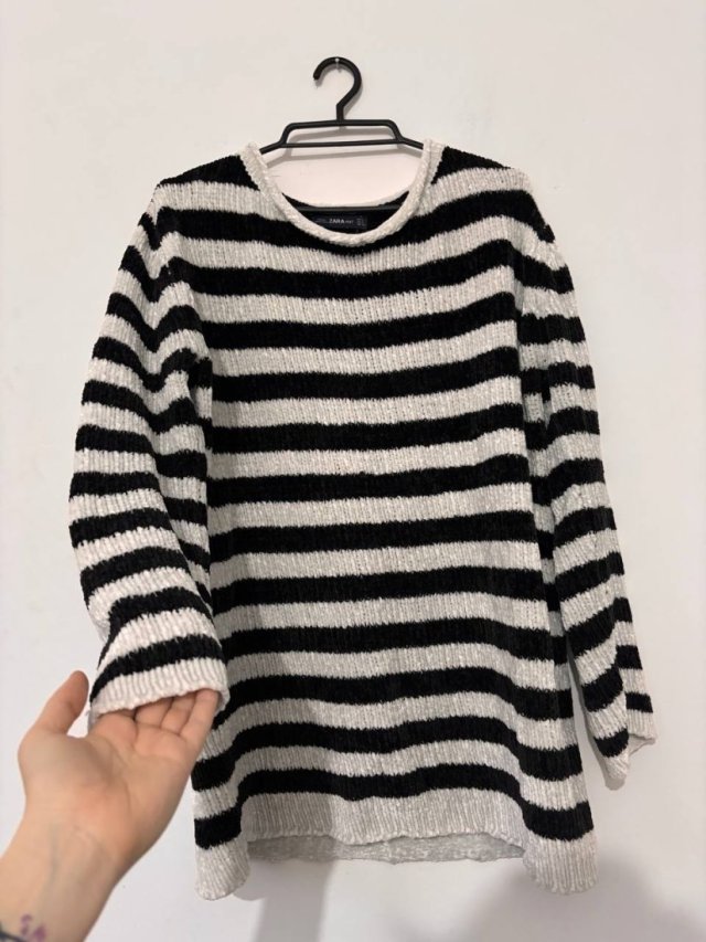 Czarno-biały sweter w paski z aksamitnej dzianiny Zara Knit oversize szeroki luzny M L XL