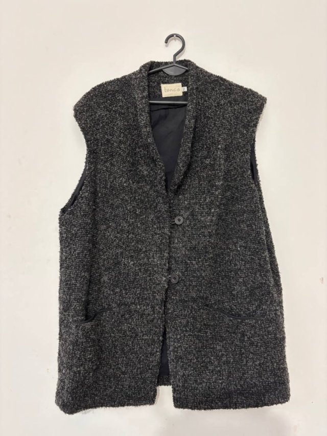Ciemnoszara wełniana kamizelka bezrękawnik  boucle na guziki Tence  L XL XXL