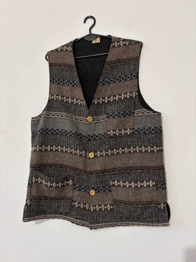 Brązowo-beżowa kamizelka wełniana w aztecki wzór BASTA vintage XL XXL