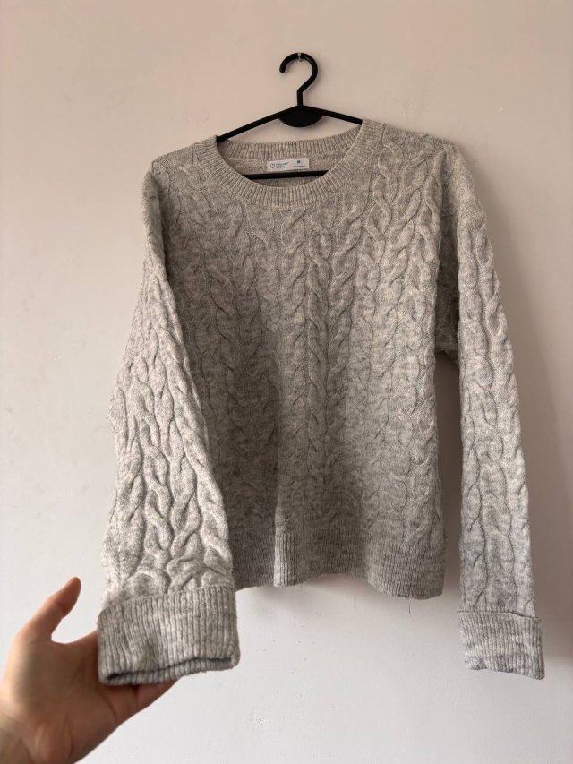 Szary sweter PRIMARK CARES, pleciony wzór, miękki, oversize M/L