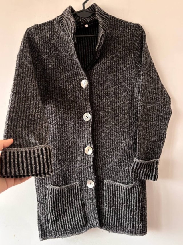 Sweter kardigan vintage szary z golfem i kieszeniami