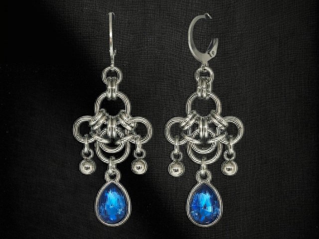 Kolczyki chainmaille łezki szklane stal chirurgiczna 5,4 cm