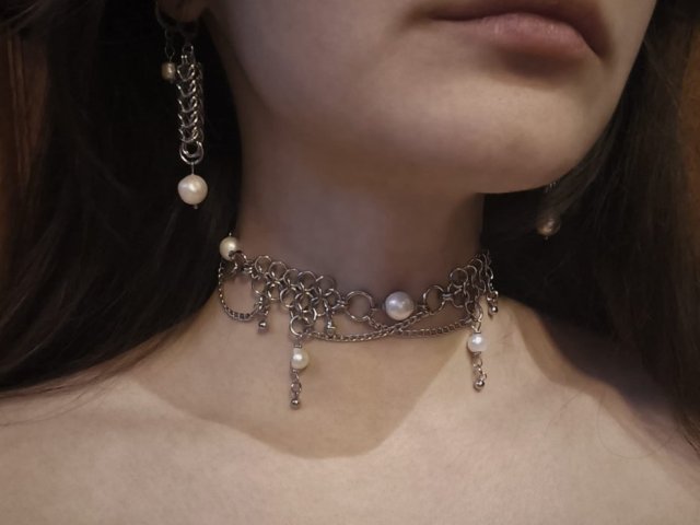 Choker chainmaille 5 pereł barokowych 31,5+7 cm stal chirurgiczna