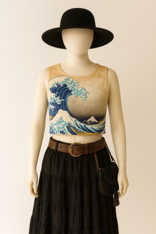 Vintage Avant Garde Top Hokusai Sea Print • Bluzka Fala • Crop Top M