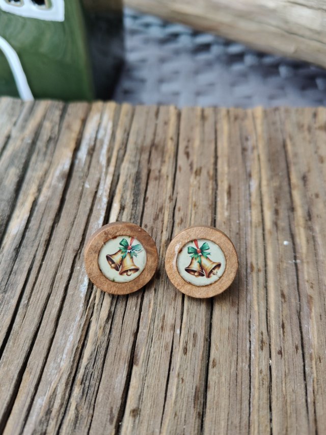 Drewniane kolczyki świąteczne - Złote Dzwonki