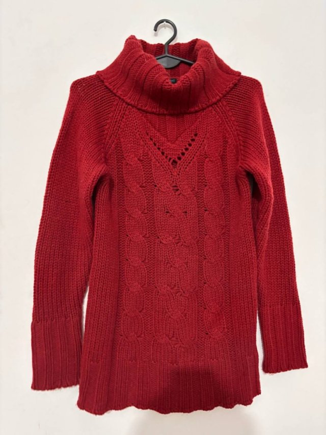 Czerwony gruby sweter golf Blue Seven S • warkoczowy splot • ciepły zimowy