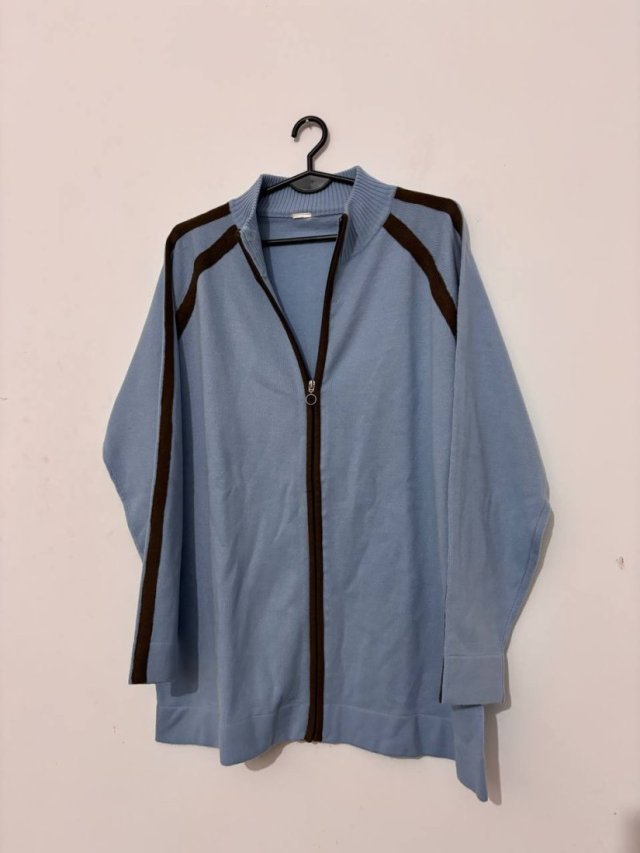 Niebieska sportowa bluza na suwak z brązowymi lampasami, lekka, oversize XXXL/4XL