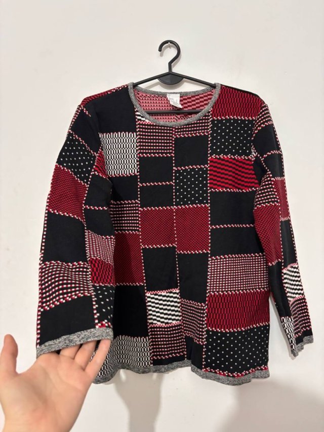 Sweter wzór patchwork czerń czerwień szary bawełna 50% rozmiar 42