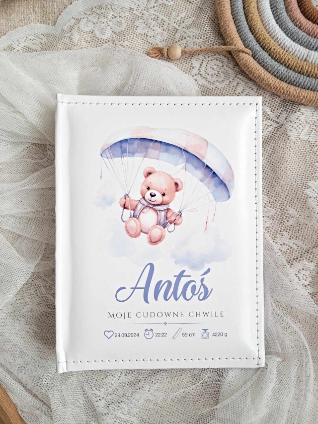 MIŚ ZE SPADOCHRONEM personalizowany prezent na chrzest roczek METRYCZKA URODZENIA