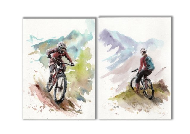 Rower górski. Akwarela ręcznie malowana. Zestaw 2 szt