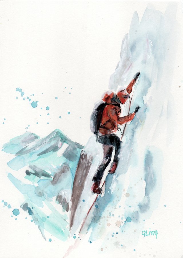 Wspinaczka, zima, góry. Akwarela ręcznie malowana