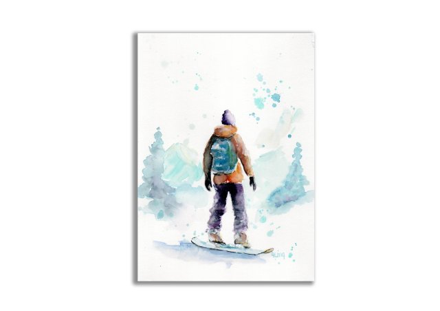 Snowboard, zima, góry. Akwarela ręcznie malowana