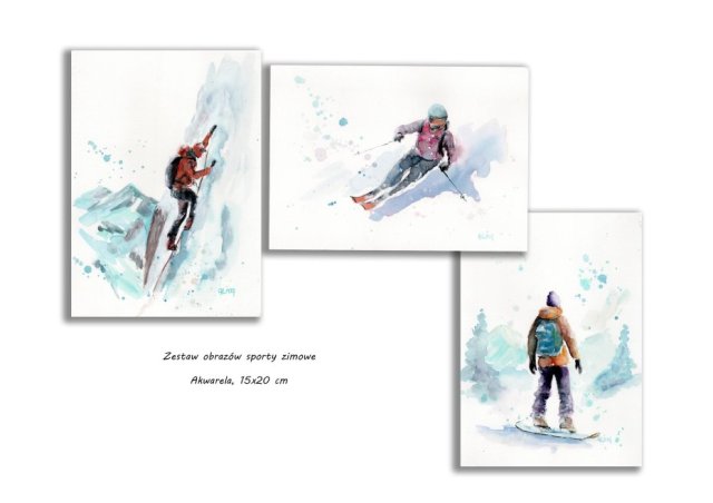Sporty zimowe, zima, góry. Akwarela ręcznie malowana. Zestaw 3 szt