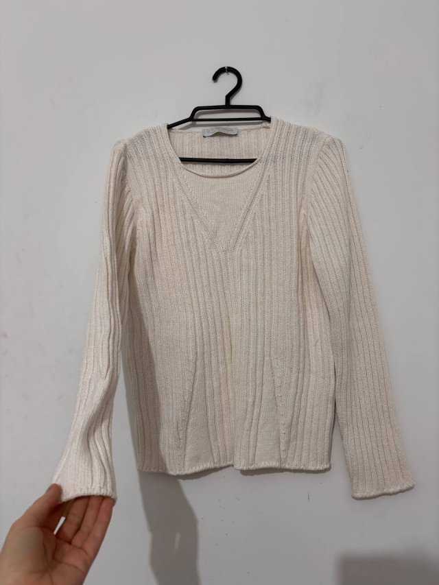 Ecru włoski sweter premium Le Tricot Longhin, prążkowany, dekolt V, Made in Italy