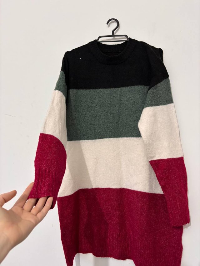 Sweter długi tunika w szerokie paski bordo-czarno-zielono-biały, oversize Esmara L XL