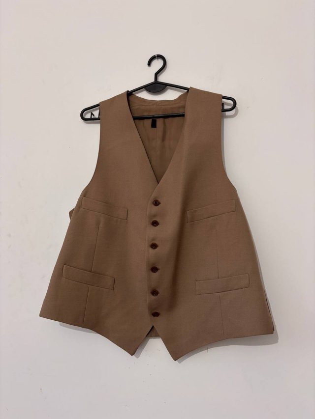 Beżowa elegancka kamizelka garniturowa vintage, klasyczny fason, rozmiar L/XL
