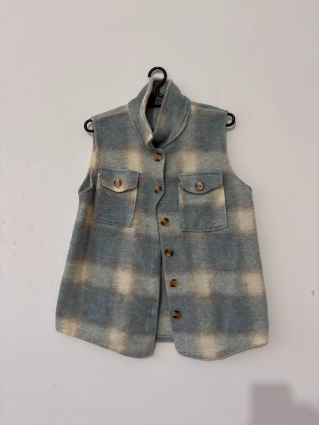 Miękka bezrękawnik w kratę vintage niebiesko-kremowy M/L