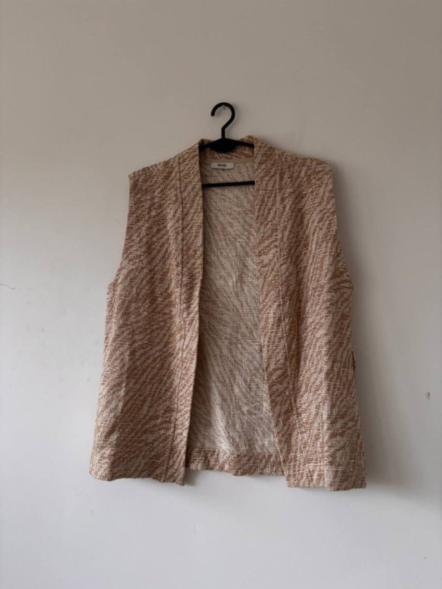 Beżowa długa kamizelka L – luźny fason, bawełna, elegancki wzór