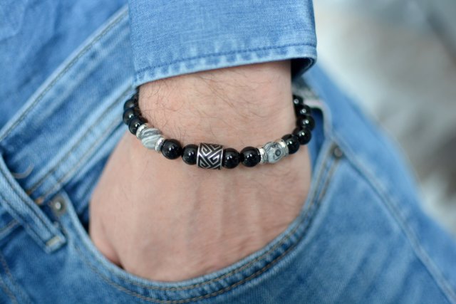 BRANSOLETKA  ARGOS z turmalinu, jaspisu, onyksu ze stalą szlachetną