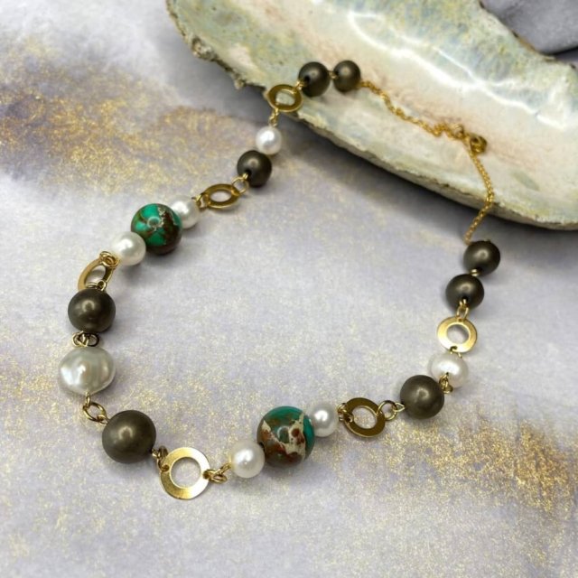 Naszyjnik z jaspisem i perłami c1344