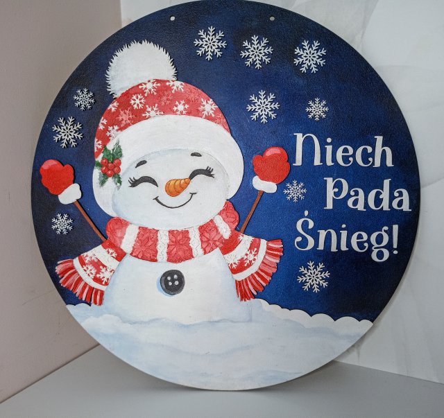 Zimowy szyld na drzwi "Niech Pada Śnieg" – Rękodzieło, Ø35 cm