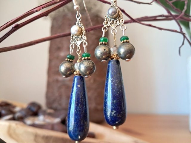 ORIENTALNE AUTORSKIE KOLCZYKI - SREBRO LAPIS LAZULI PIRYT SZMARAGDY PERŁY KRYSZTAŁ GÓRSKI - NOWE