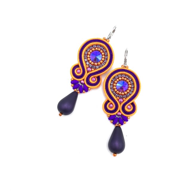 Kolczyki sutasz pomarańczowo fioletowe kolorowe "Cleo" z dużą łezką