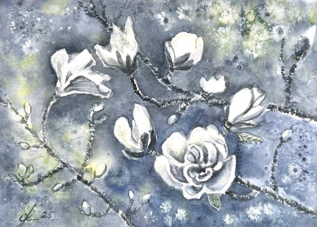 Magnolia wiosną Original Akwarela A4