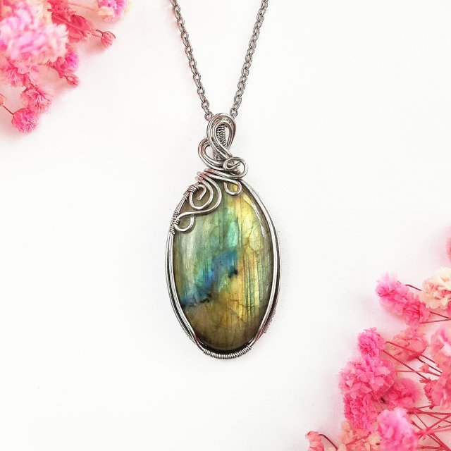 Naszyjnik Labradoryt Owal stal chirurgiczna wisiorek handmade wirewrapping