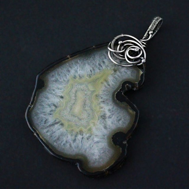 Natty - duży wisior z plastrem agatu, wire wrapping, srebro oksydowane