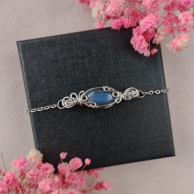 Bransoletka Labradoryt Niebieski stal chirurgiczna handmade wirewrapping