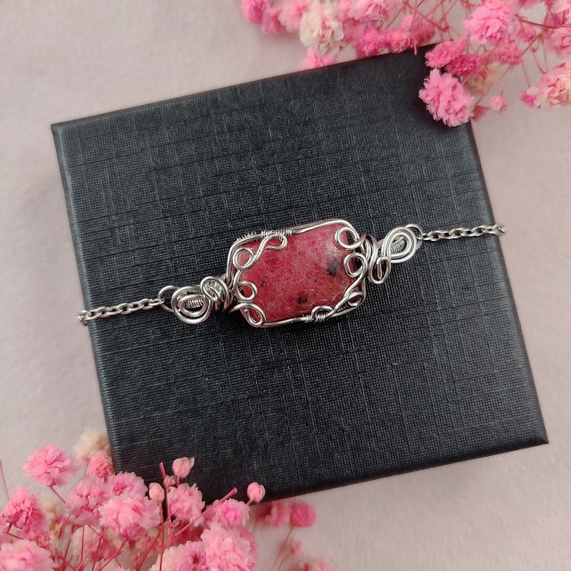 Bransoletka Rodonit stal chirurgiczna handmade wirewrapping