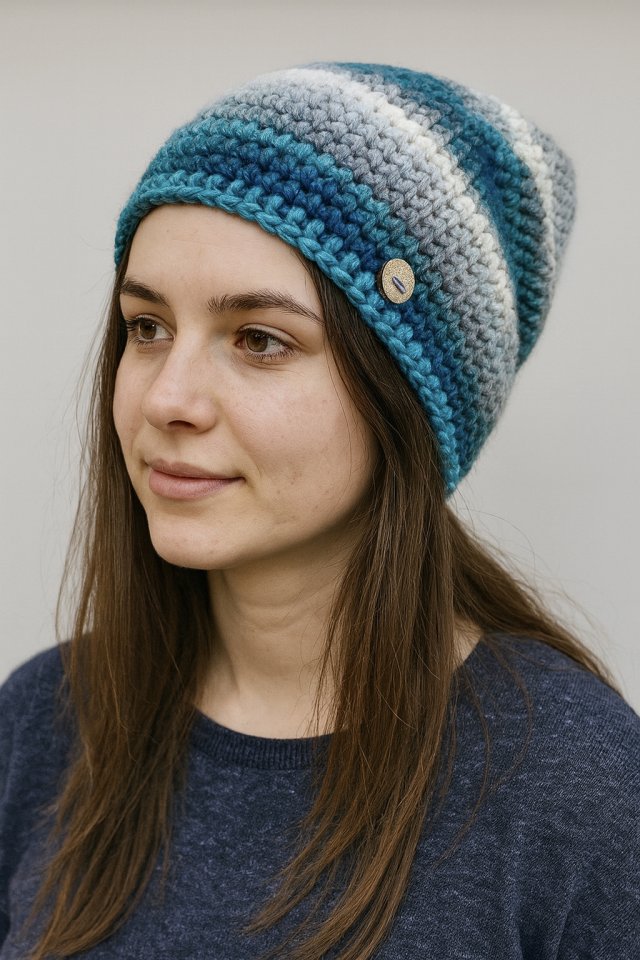 Kolorowa gruba czapka zimowa smerf ręcznie robiona