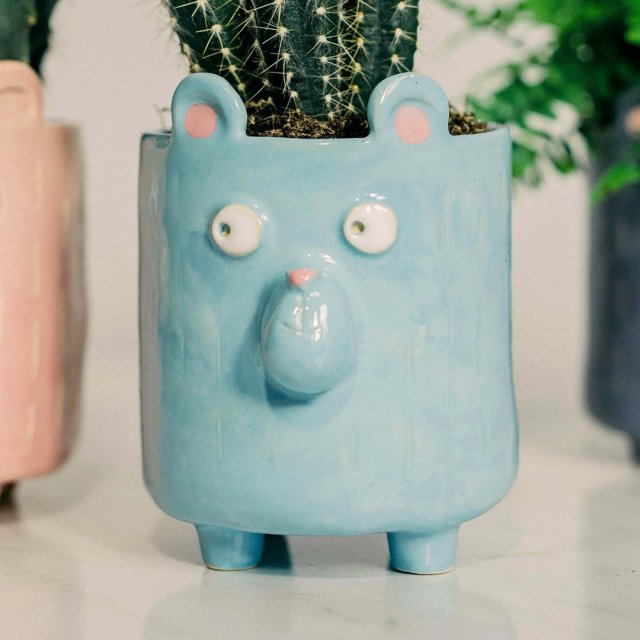 Miętowa doniczka ceramiczna niedźwiedź - Rękodzieło na prezent - Lamabo Ceramics