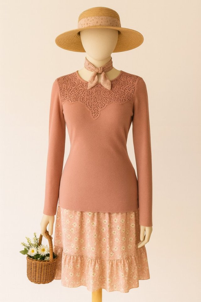 Bladoróżowy sweterek Orsay ozdobny dekolt ażurowy