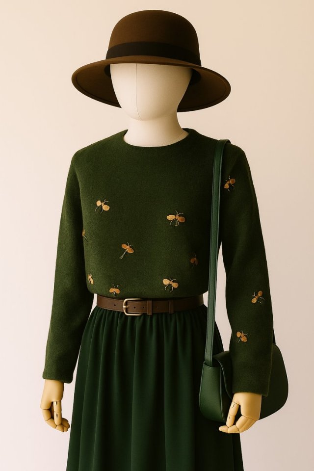 H&M zielony sweter w złote ważki pszczoły ???? owady Oversize