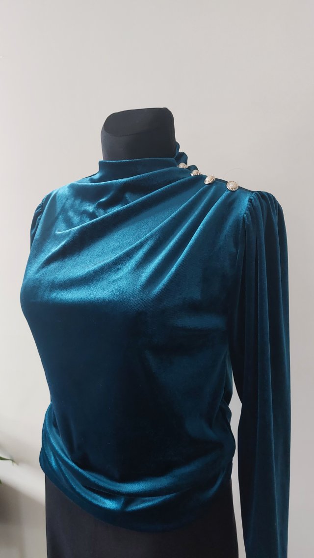 Welurowa bluzka  drapowana  z długimi rękawami  retro styl M/L