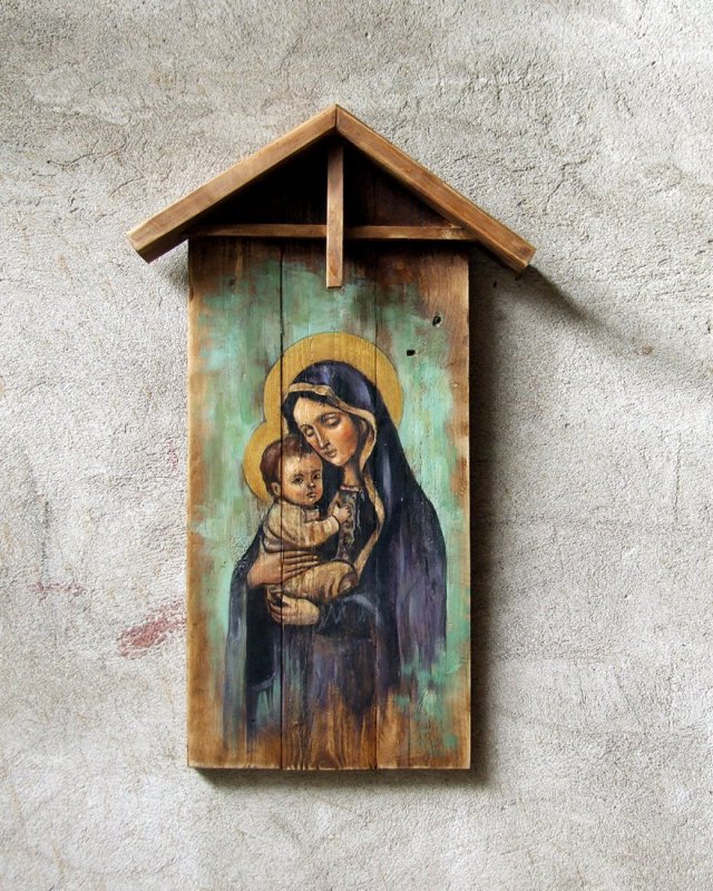 Obraz malowany na starych deskach - Madonna z Dzieciątkiem