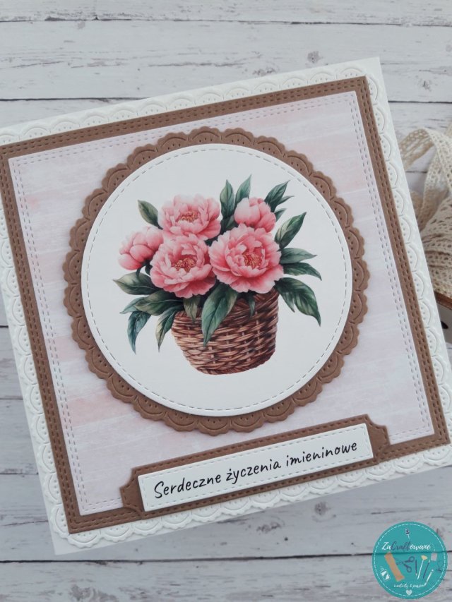 Kartka imieninowa z piwoniami w koszu