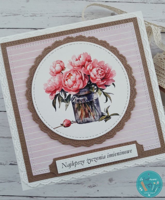 Kartka imieninowa z piwoniami w słoiku