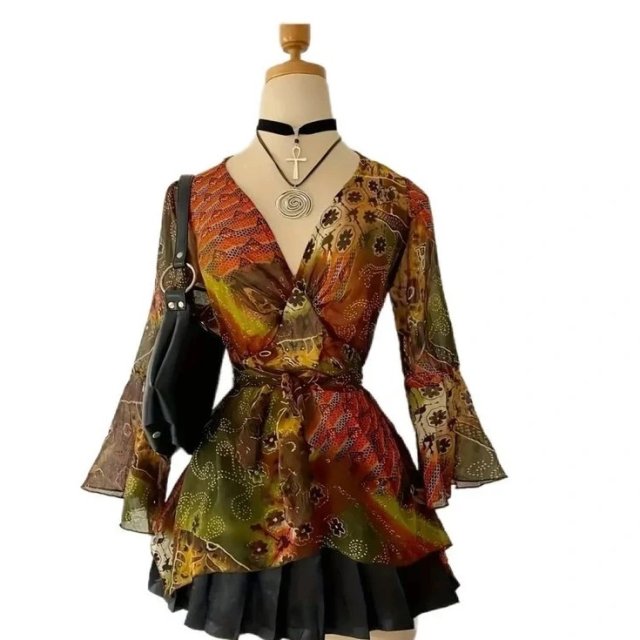 Vintage y2k style bluzka mesh top boho hippie rozkloszowane rękawy Coquette