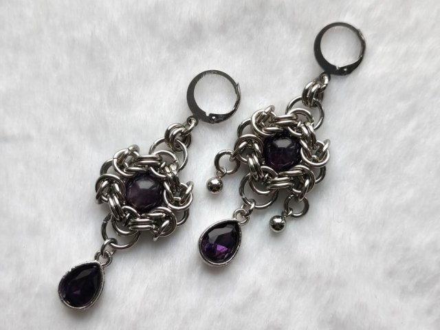 Kolczyki chainmaille CIEMNY AMETYST 6,2 cm gothic elf stal chirurgiczna