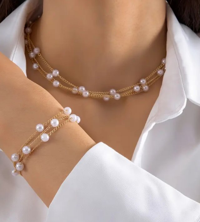Zestaw Biżuterii Naszyjnik i Bransoletka trzywarstwowy Perły i Złoto